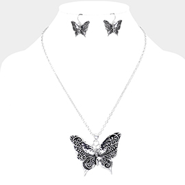 Antique Metal Western Butterfly Pendant Necklace